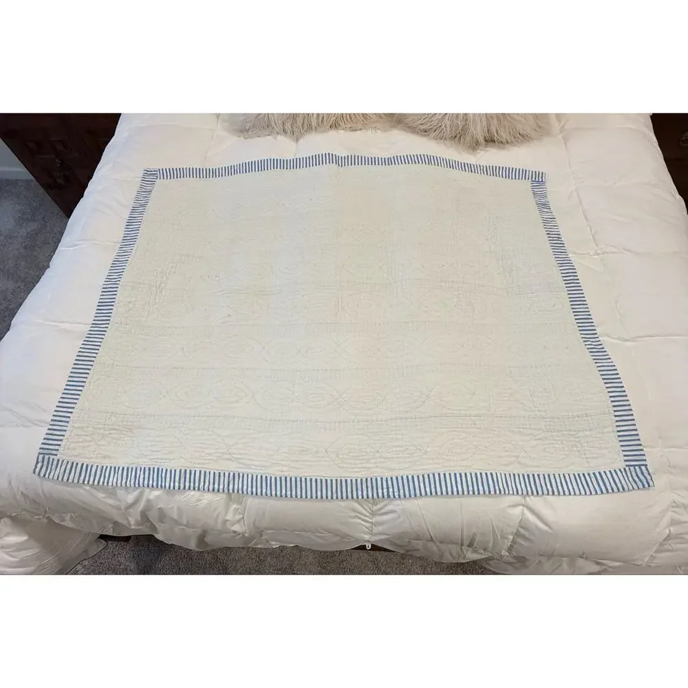 Vintage Heirloom Baby Quilt White with Blue Stripes Crib Blanket Quilt cottage